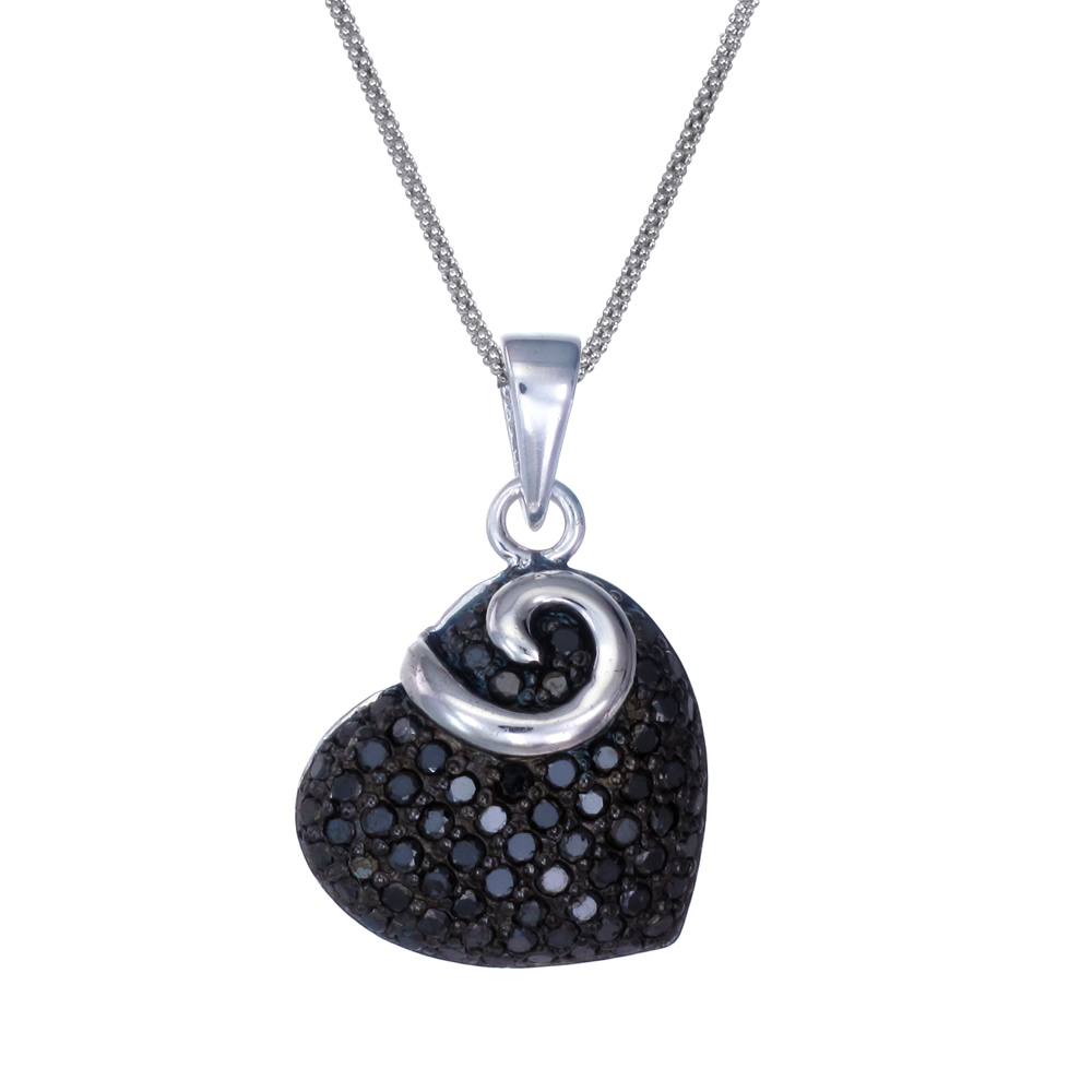 Sterling Silver 0.85 cttw Black Diamond Heart Pendant with 18" Chain