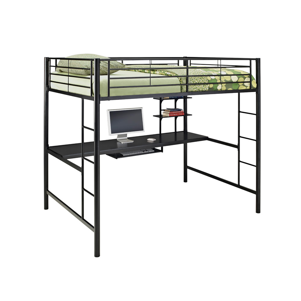 Black Full Double Metal Loft Bed with Workstation