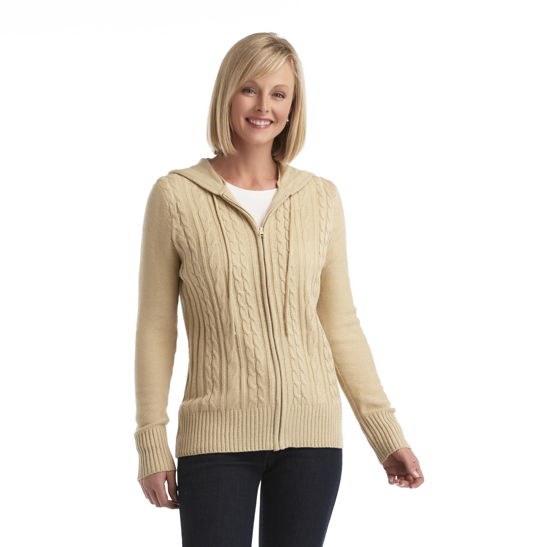 Basic Editions Womens Cable Knit Hoodie Jacket - Clothing ...