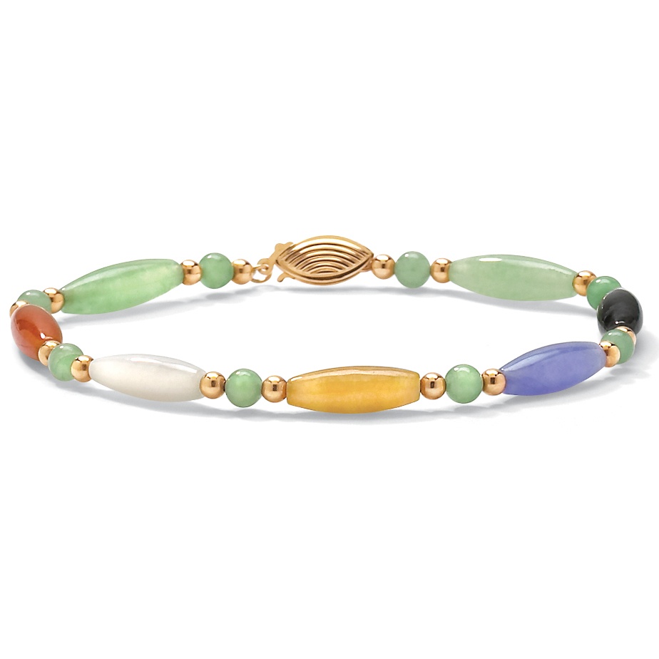 Multi-Color Jade 14k Yellow Gold Beaded and Barrel Shapes Bracelet 7 1/2"