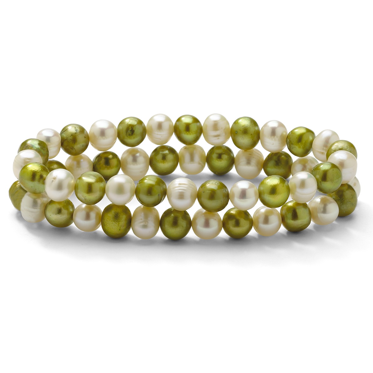 Round Green and White Cultured Freshwater Pearl Set of Two Stretch Bracelets 7"