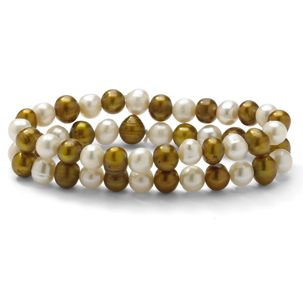 Round Golden Yellow and White Cultured Freshwater Pearl Set of Two Stretch Bracelets 7"