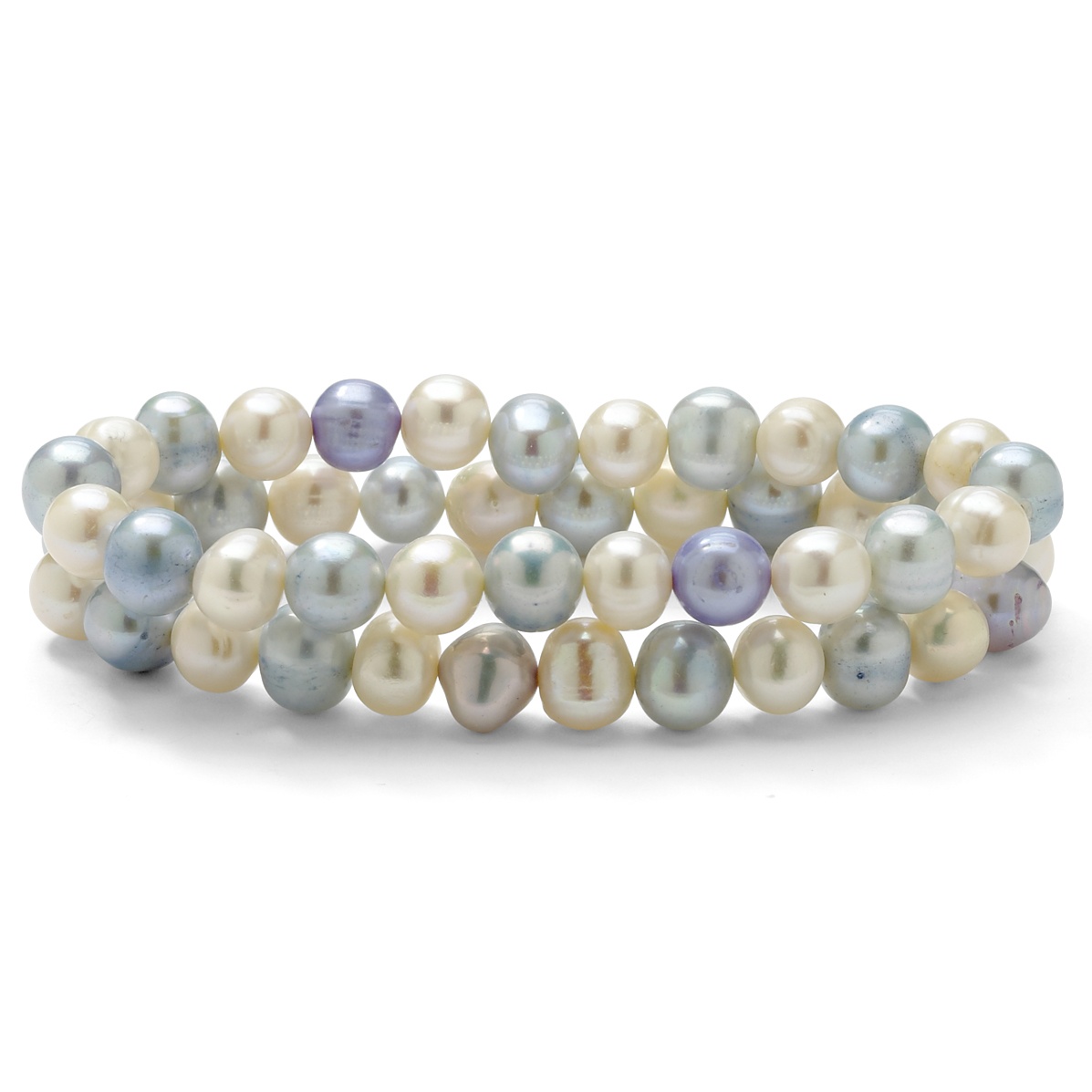 Round Aquamarine Blue and White Cultured Freshwater Pearl Set of Two Stretch Bracelets 7"