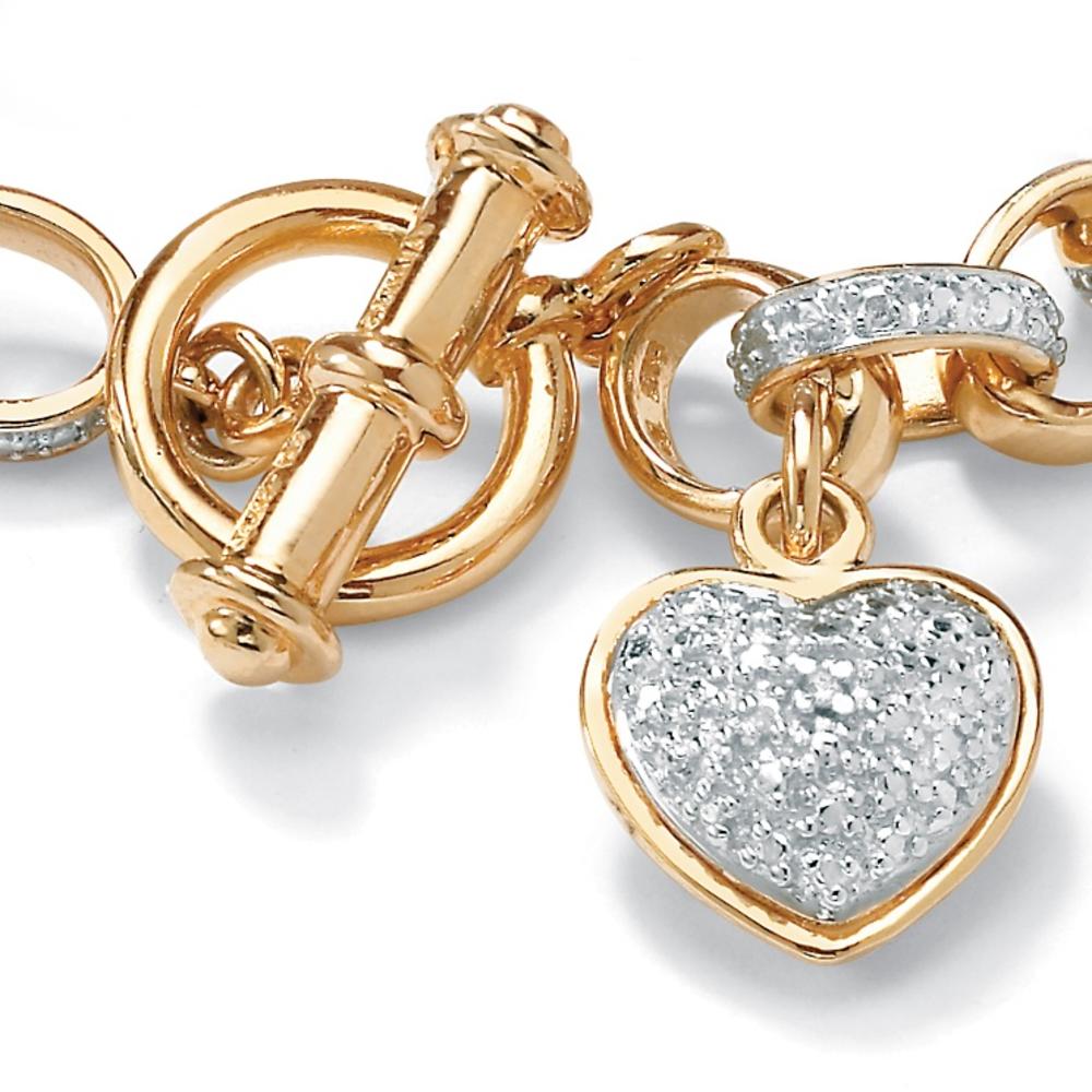 Round Diamond 18k Yellow Gold-Plated Oval-Link Heart Charm Bracelet 7 1/4"