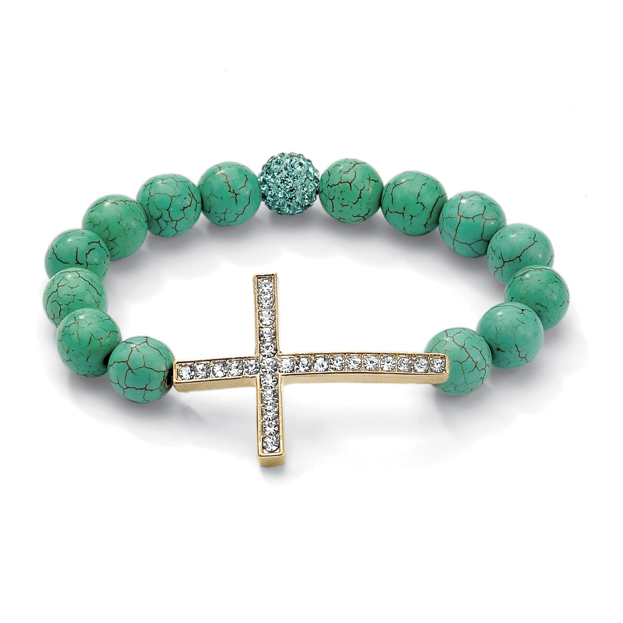PalmBeach Jewelry Genuine Turquoise and Crystal Horizontal Cross Stretch Bracelet in Yellow Gold Tone 8"