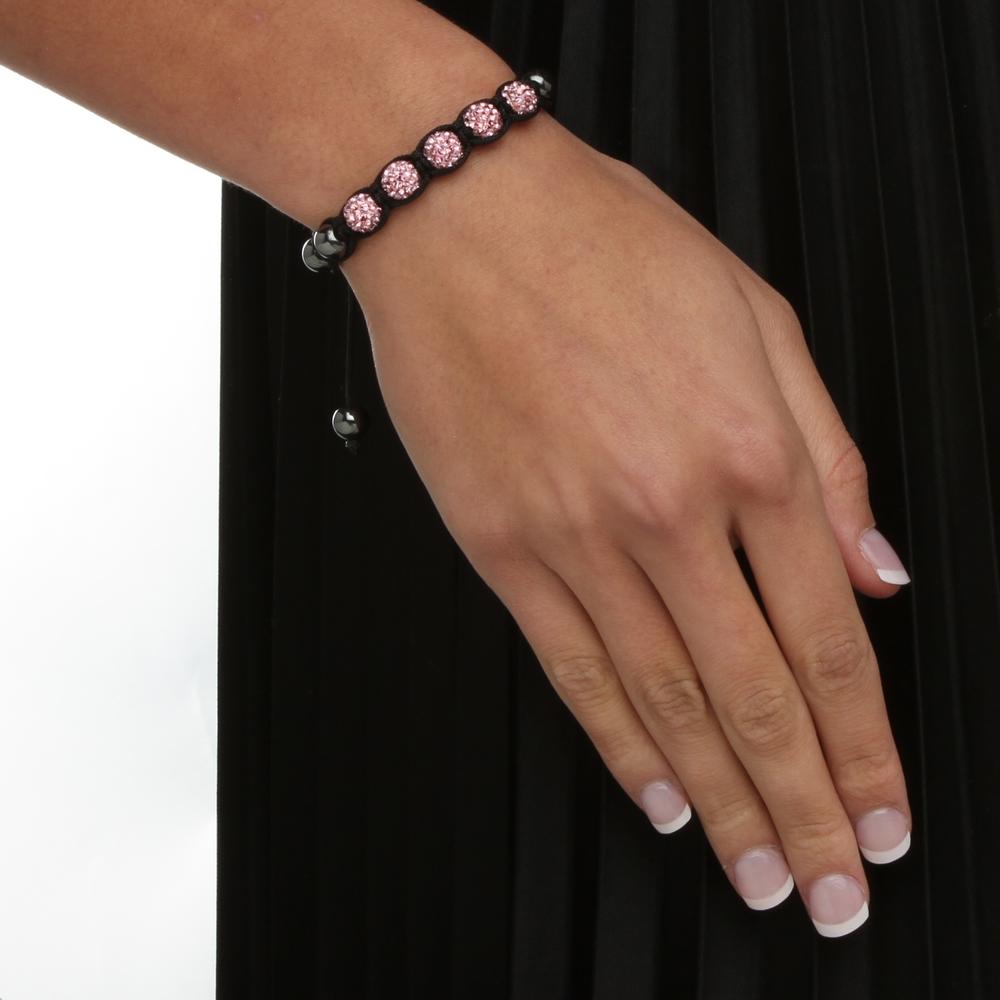 Round Pink Crystal Glass Accent Black Macrame Rope Petite Ball Tranquility Bracelet 7"