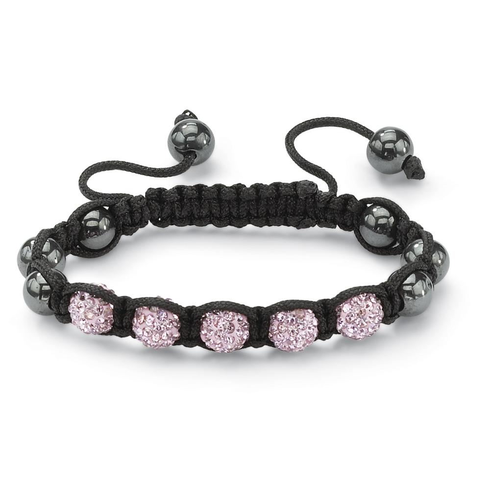 Round Pink Crystal Glass Accent Black Macrame Rope Petite Ball Tranquility Bracelet 7"