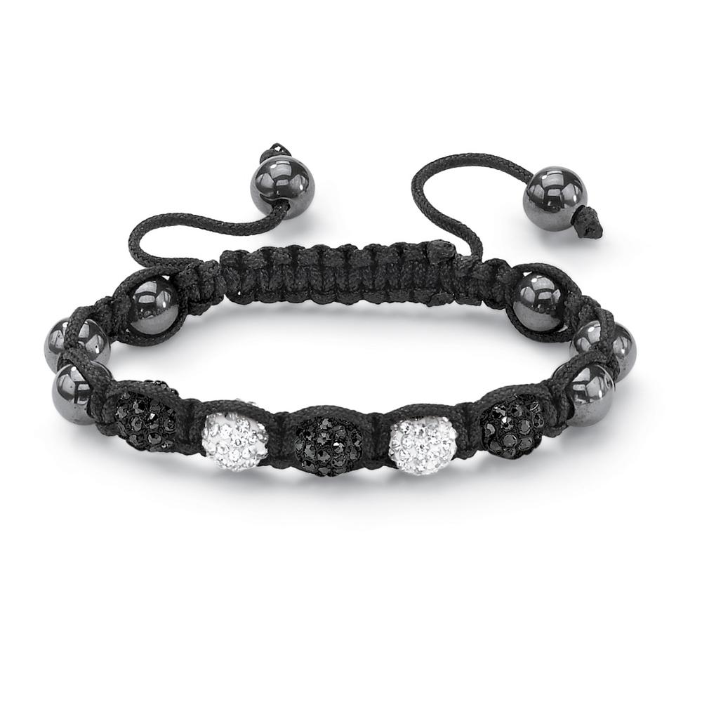 Round Black and White Crystal Glass Accent Black Macrame Rope Petite Ball Tranquility Bracelet 7"