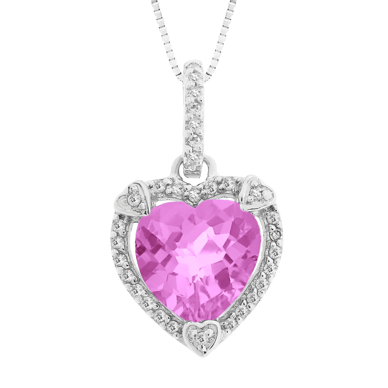Sterling Silver Heart Shape Created Pink Sapphire Pendant