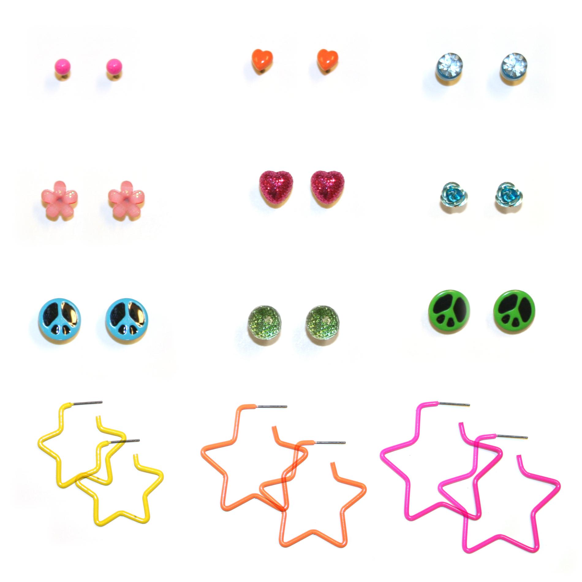 Accessories Girl's 12-Pairs Earrings - Stars & Peace Signs