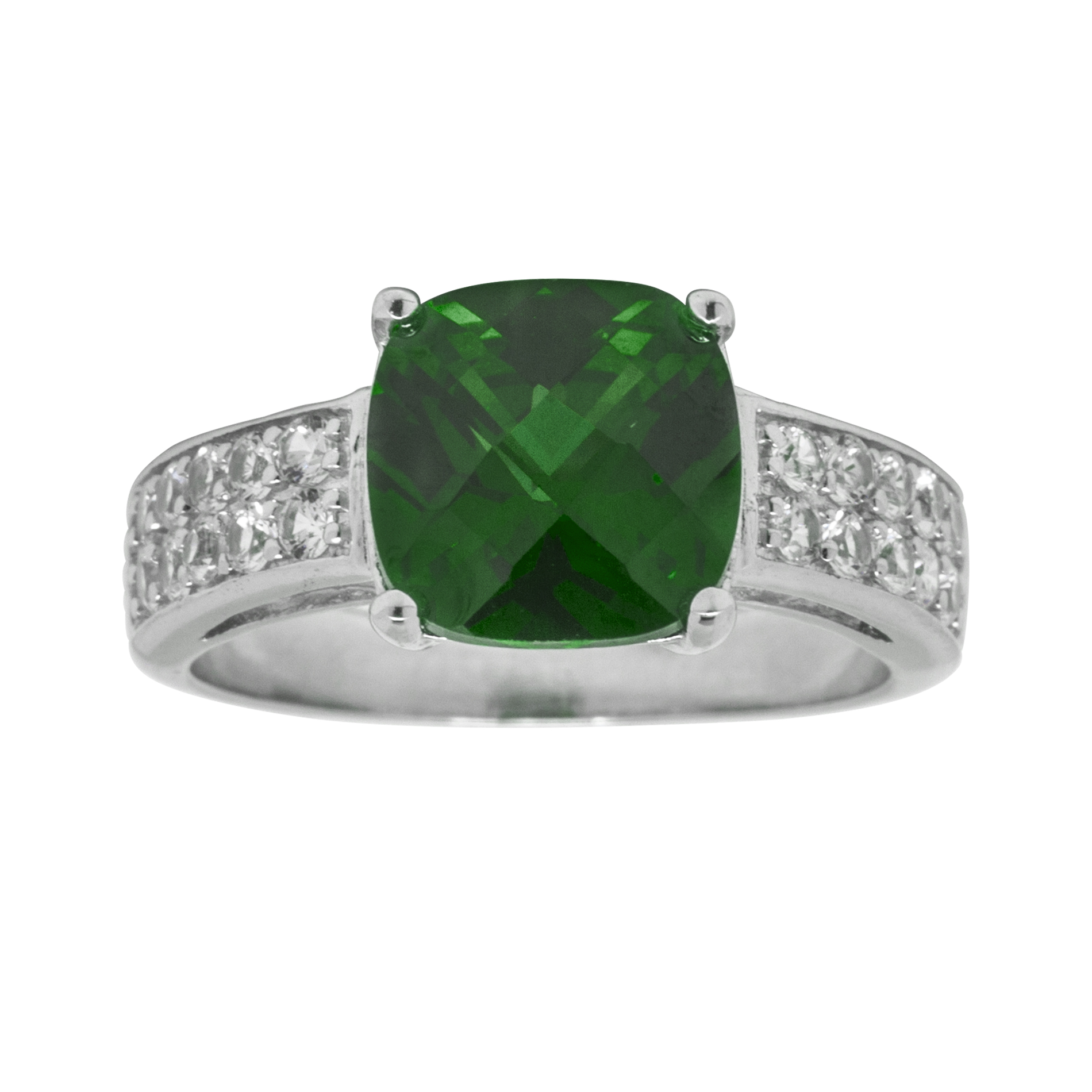 Simulated Emerald Cushion Ring Sterling Silver