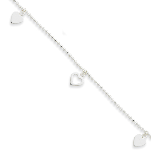 Sterling Silver 2mm Heart Charm Bead Anklet