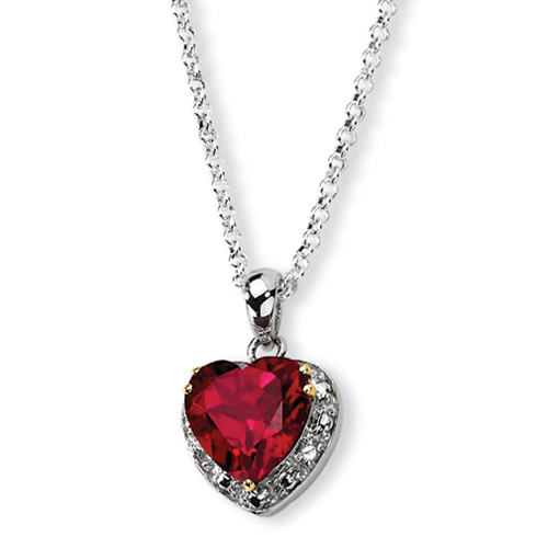 Sterling Silver and 14K Crimson Red Topaz and Rough Diamond Necklace - 18 Inch