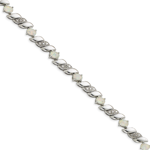 Sterling Silver Created Opal and Rough Diamond Bracelet - 7 Inch - Box Clasp