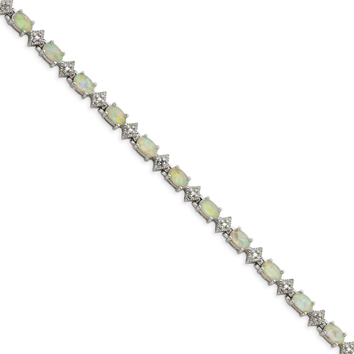 Sterling Silver 7 Inch Created Opal and Diamond Bracelet