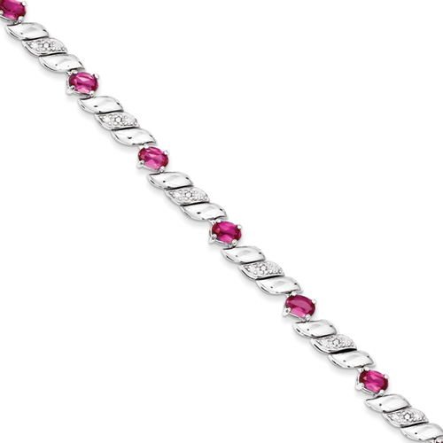 Sterling Silver 7 2.5 Inch Created Pink Sapphire and Diamond Bracelet