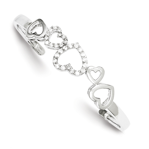 Sterling Silver 14mm CZ Hearts Cuff Bangle Bracelet