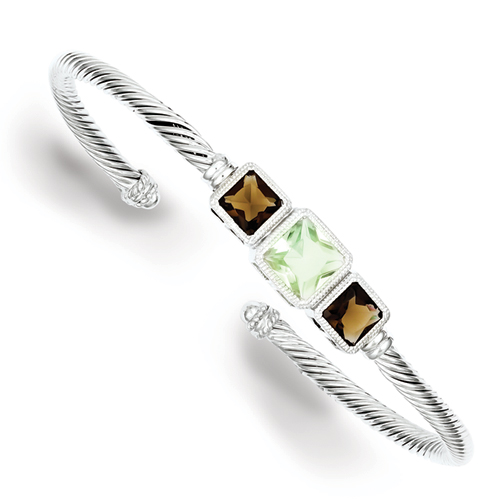 Sterling Silver Smokey Topaz and Green CZ Twisted Rope Bangle