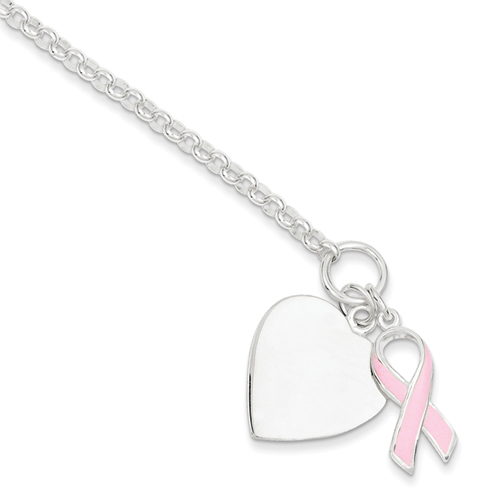 Sterling Silver 2mm Fancy Heart with Pink Ribbon Bracelet