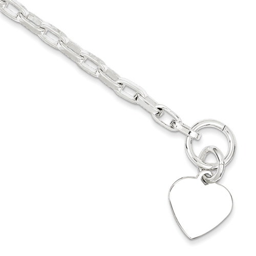 Sterling Silver 7.5 Inch Engraveable Heart Disc on Fancy Link Toggle Bracelet
