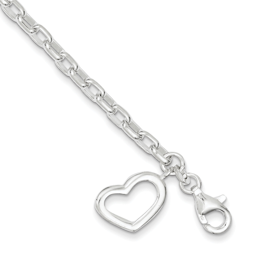 Sterling Silver 7 Inch Small Oval Rolo Link with Heart Bracelet