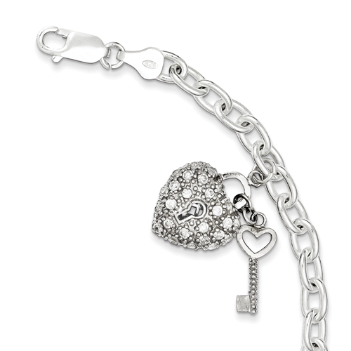 Sterling Silver 7.5 Inch CZ Heart & Key Open Link Bracelet