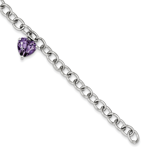 Sterling Silver 7.5 Inch Rolo with Purple CZ Heart Bracelet