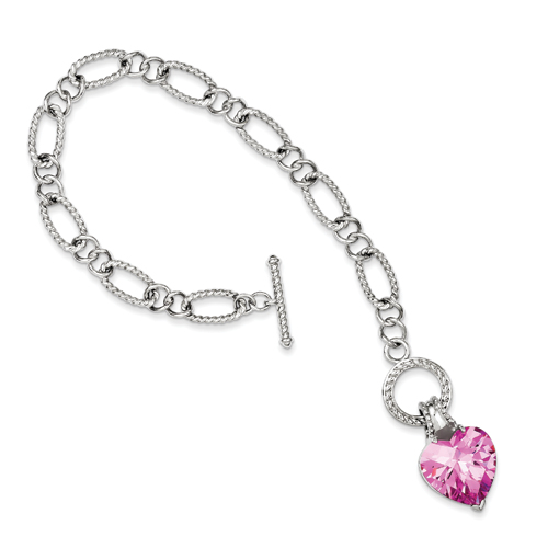 Sterling Silver 7.5 Inch Pink CZ Heart Bracelet
