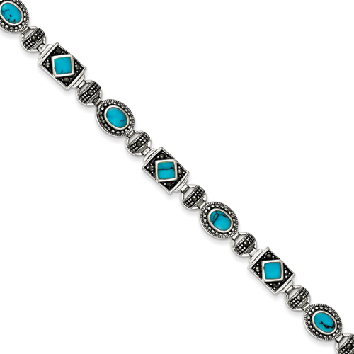 Sterling Silver 7 Inch Synthetic Turquoise and Marcasite Bracelet