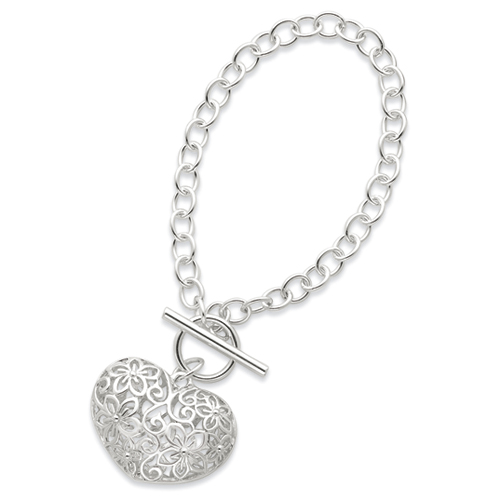 Sterling Silver 7.75 Inch Puffed Heart Toggle Bracelet