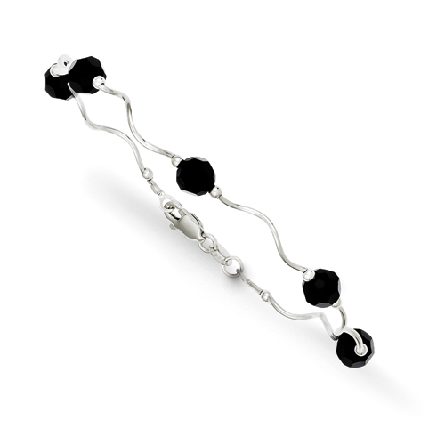 Sterling Silver 7 Inch with Black Swarovski Elements Beads Spiral Bracelet