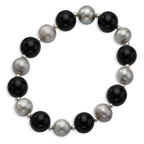 Sterling Silver 12mm Blk Agate/10mm FW Cultured Silver Pearl Necklace
