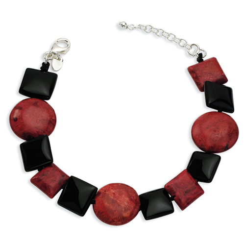 Sterling Silver Black Agate & Red Coral Bracelet