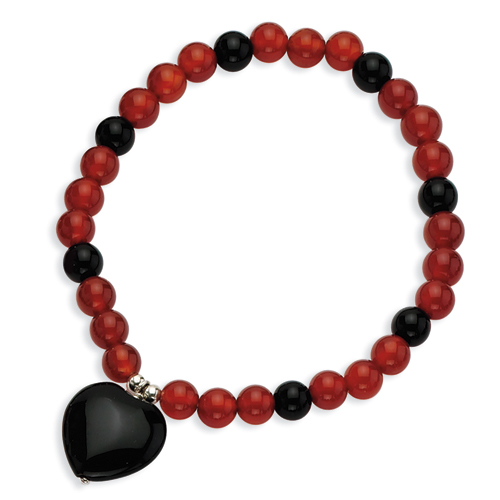 Sterling Silver Black Agate Heart/Red & Blk Agate Beads Stretch Bracelet