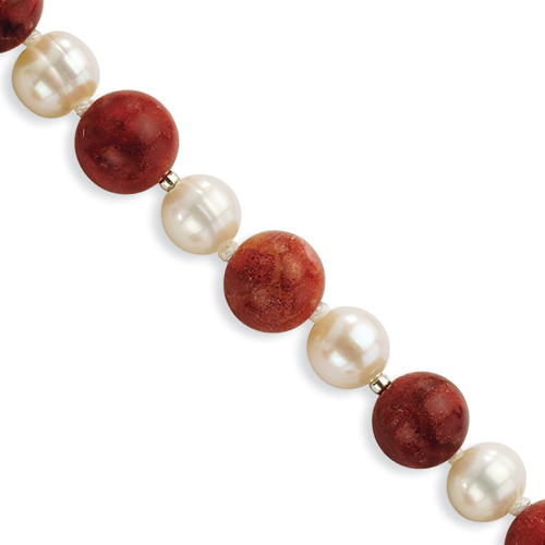 Sterling Silver Freshwater Cultured Pearl & Dyed Red Coral Bracelet