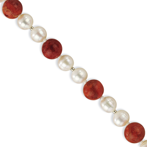 Sterling Silver 2-Freshwater Cultured Pearls & Red Coral Bracelet