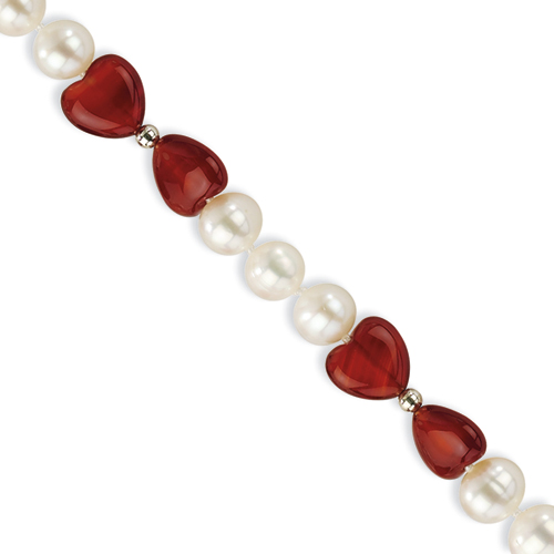 Sterling Silver Freshwater Cultured Pearl & Red Agate Heart Bracelet