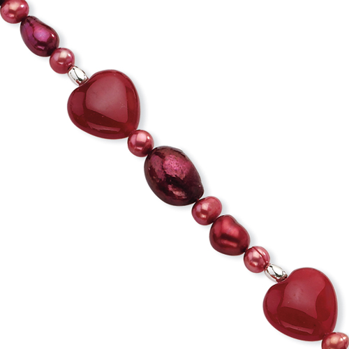 Sterling Silver 7.5 Inch Red Jade Hearts/Freshwater Cultured Pearl Bracelet