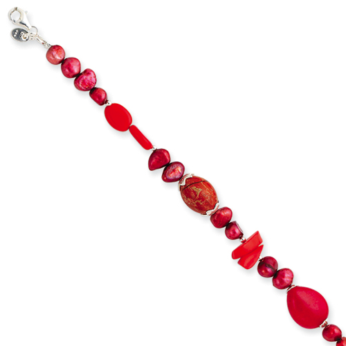 Sterling Silver 8 Inch Red Coral/FW Cultured Pearl/Agate/Jasper Bracelet