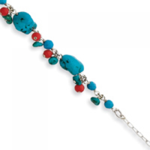 Sterling Silver 7.5 Inch Dyed Howlite/Turquoise/Red Coral Bracelet