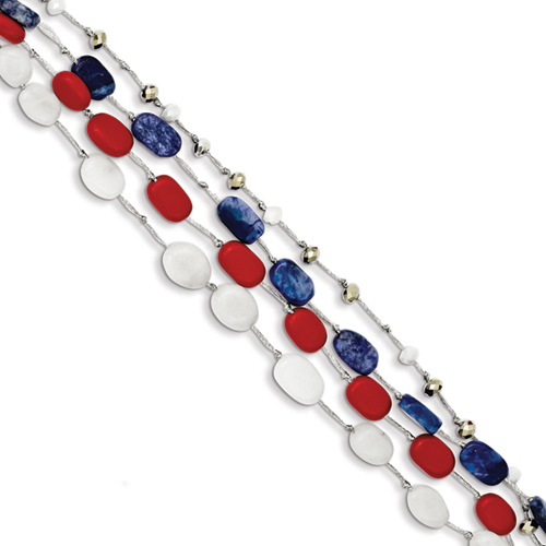 Sterling Silver Red Coral/Multi Crystal/White Jade/Lapis/1in ext. Bracelet