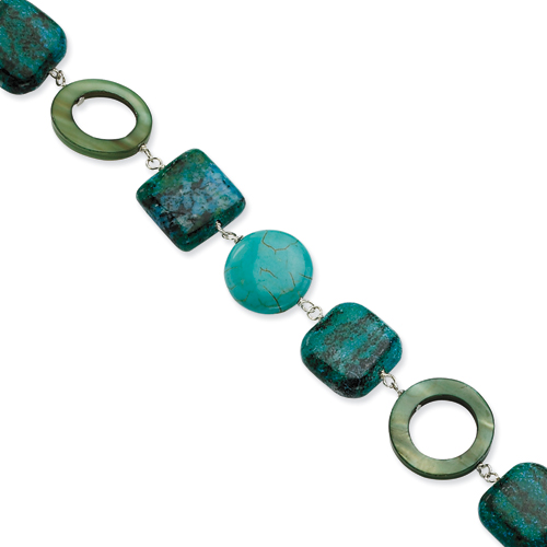 Sterling Silver 7 Inch Chrysocolla/Dyed Howlite/Dyed Mother Of Pearl Bracelet