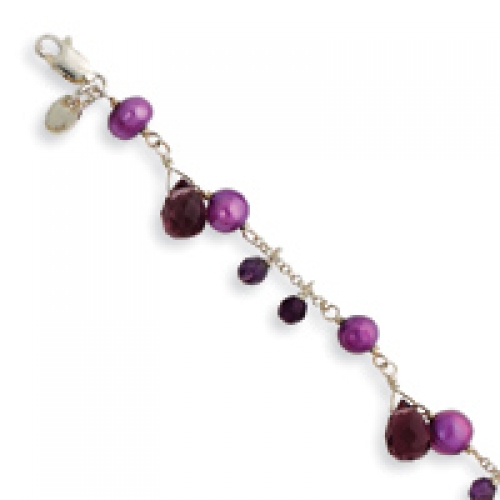 Sterling Silver 7 Inch Purple FW Cultured Pearl & Lavender Crystal Bracelet