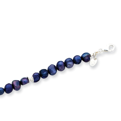 Sterling Silver 8 Inch Blue Agate/Dark Blue Cultured Pearl Bracelet