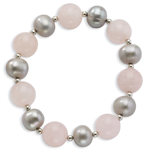 Sterling Silver Rose Qtz/Freshwater Cultured Silver Pearl Stretch Bracelet