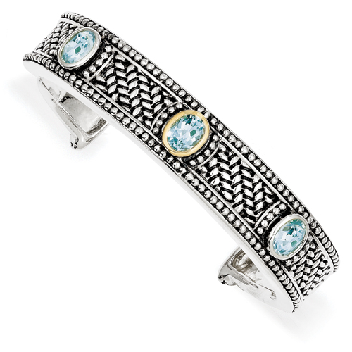 Antique Style Sterling Silver with 14k Yellow Gold 4.80 Blue Topaz Cuff Bracelet