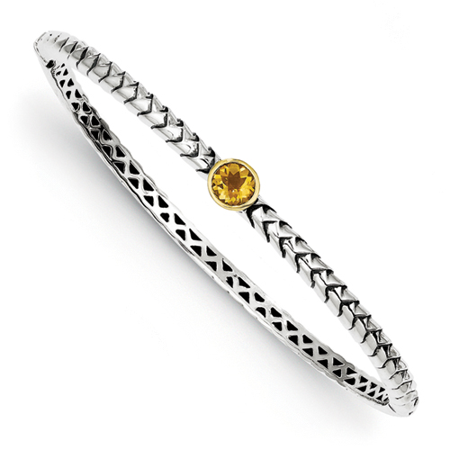 Antique Style Sterling Silver with 14k Gold 6mm Citrine Hinged Bangle Bracelet