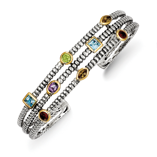 Antique Style Sterling Silver with 14k Gold 1.74tw Gemstone Cuff Bracelet