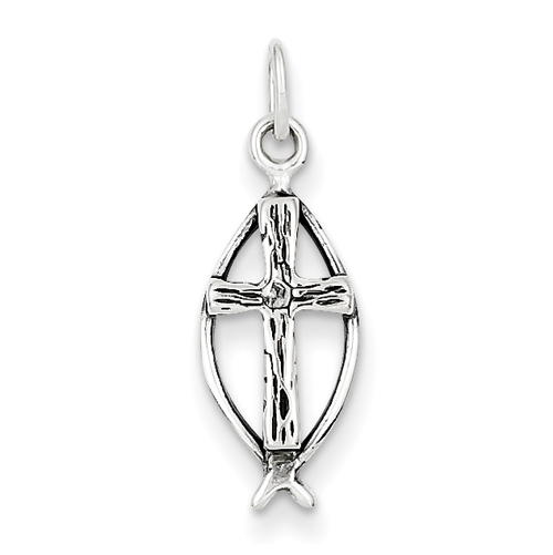 Sterling Silver Antiqued Ichthus Fish With Cross Charm