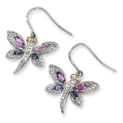 Sterling Silver & 14k Yellow Gold Amethyst Lolite And Diamond Dragonfly Earrings